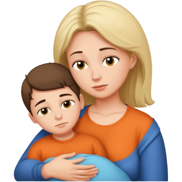 The boy rest his head against his mother's large breasts emoji