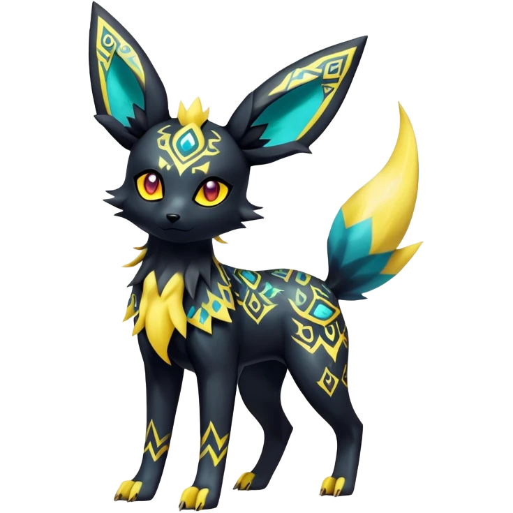 Shiny Exotic Badass Colorful Ethereal Royal Mysterious Gothic Umbreon-Jolteon-Pokémon-Fakémon-hybrid-creature (full body) with pattern-markings emoji