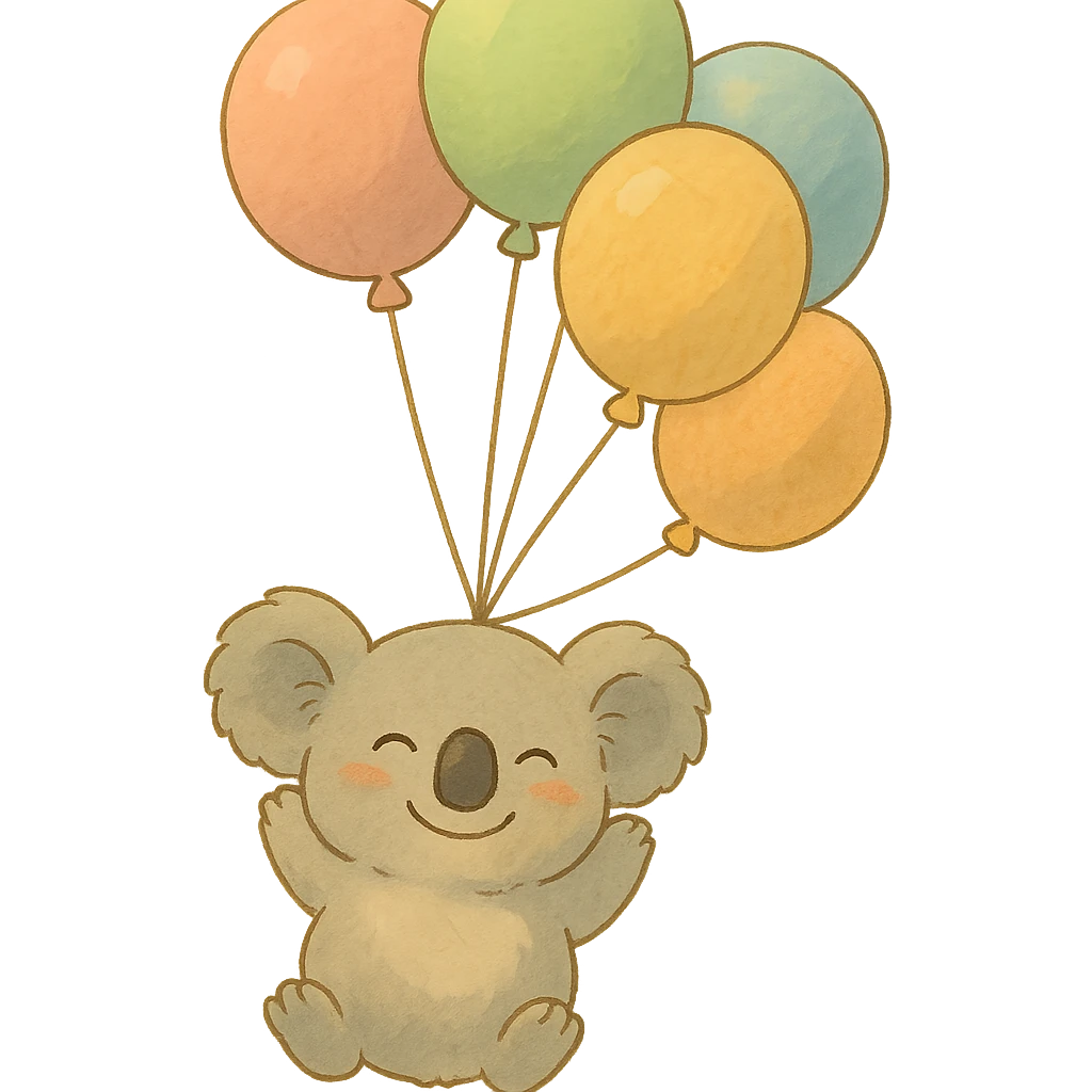 koala floating with pastel balloons, happy face, soft Ghibli style emoji