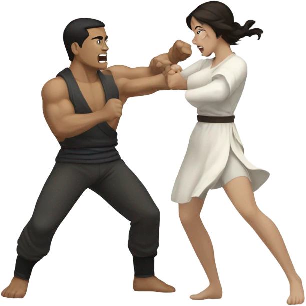 A pale half Asian man with short dark hair fighting a white woman with long wavy brunette hair emoji