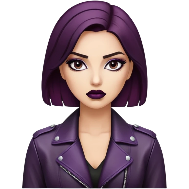 A close-up of a woman with dramatic eye makeup, wearing a fitted black leather jacket. Her lips are painted a deep plum, and her expression is mysterious, with an urban nighttime backdrop that creates a sense of intrigue and allure emoji