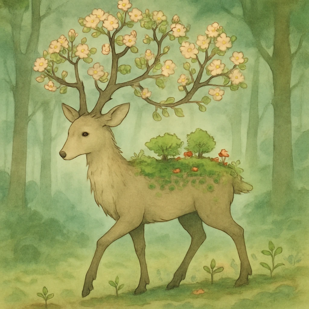 A gentle deer spirit companion with antlers that branch into flowering trees, moss and small mushrooms growing along its back, leaving a trail of sprouting plants with each step through a misty forest emoji