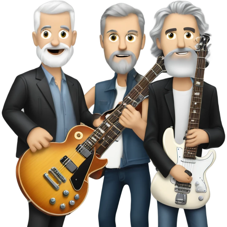 Three white mature musicians. one on a Gibson Les Paul guitar with a beard, one on a Fender Precision bass that is very tall and one playing banjo with a short gray beard emoji