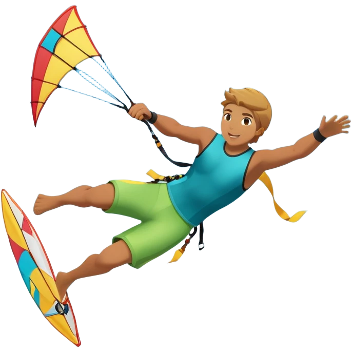 A kite surfer soaring above the waves, holding onto a kite with the wind in full force. The background showcases the ocean and sky, emphasizing the freedom, thrill, and energy of the sport. The motion of the kite and board is dynamic, capturing the excitement of kiting. emoji