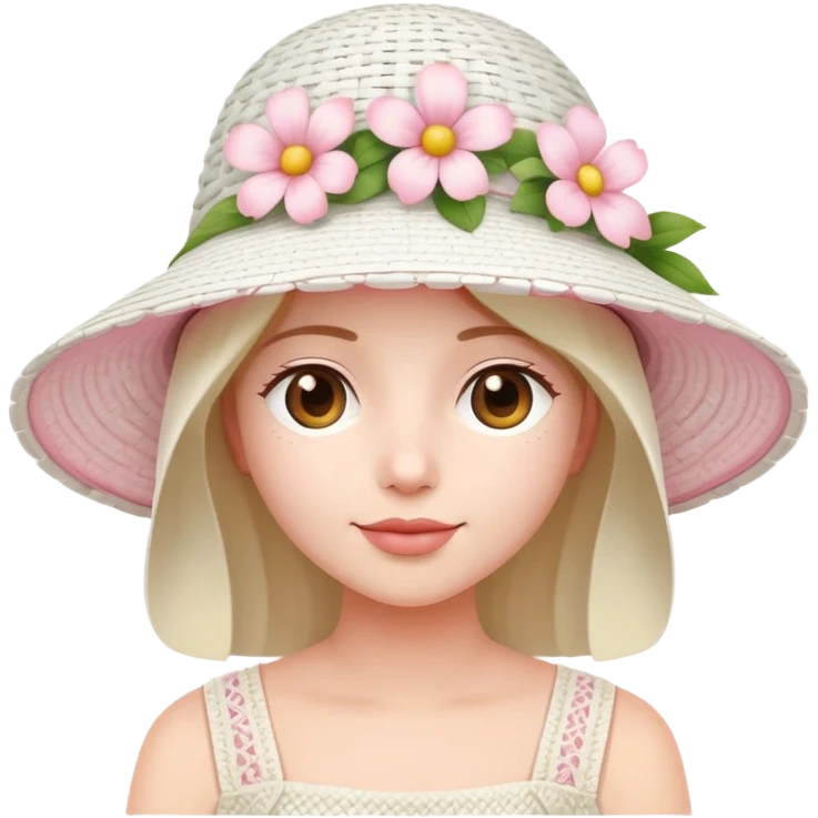 White Wicker white sun hat with light pink flowers emoji