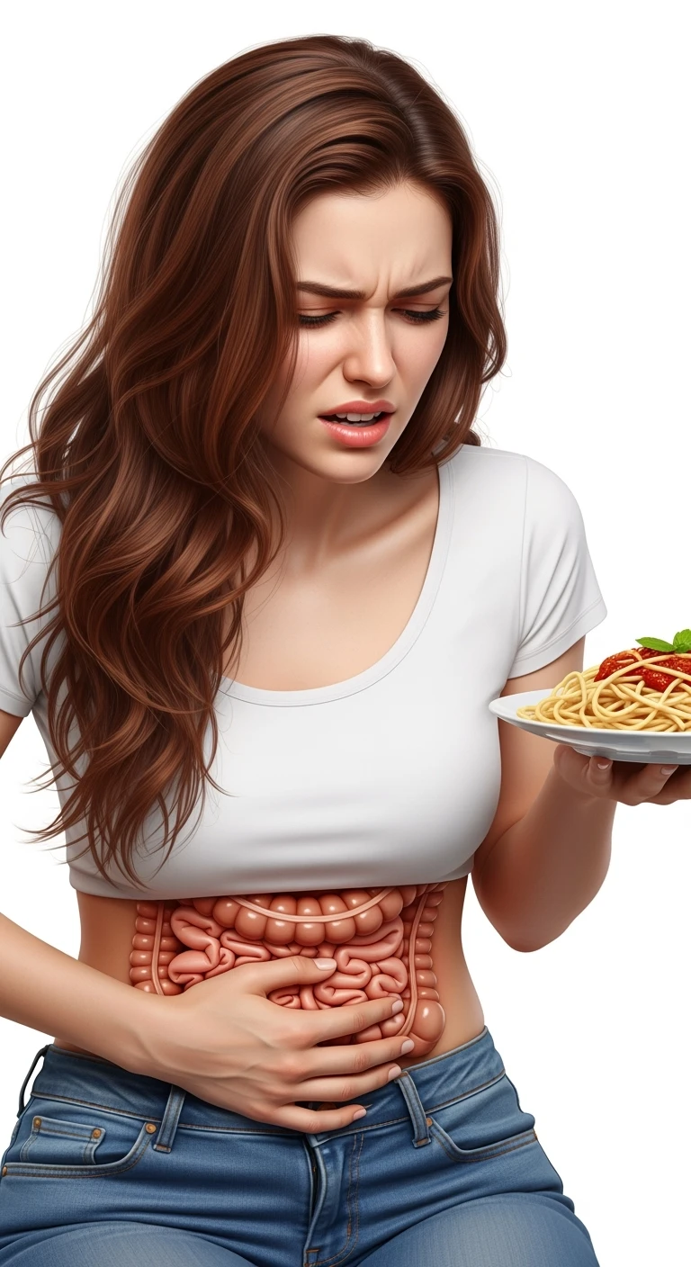 DONNA CON INTESTINO UMANO ANATOMICO REALISTICO IN EVIDENZA E MAL DI PANCIA MENTRE TIENE IN MANO UN PIATTO DI PASTA , IPERREALISTICO 4K, ISOLATO SU SFONDO BIANCO emoji