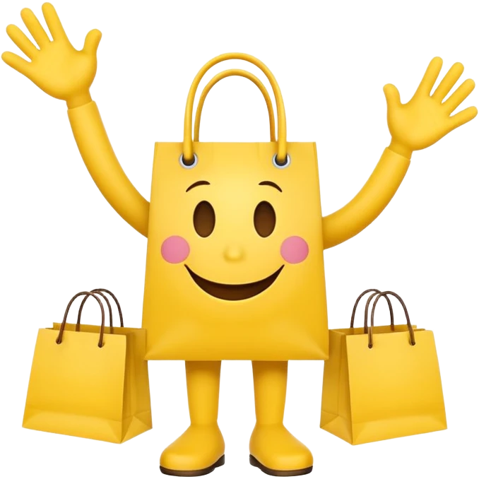 HAPPY SMILEY FACEWITH HANDS AND FEET EMOJI WITH SHOPPING BAGS IN EACH HAND emoji