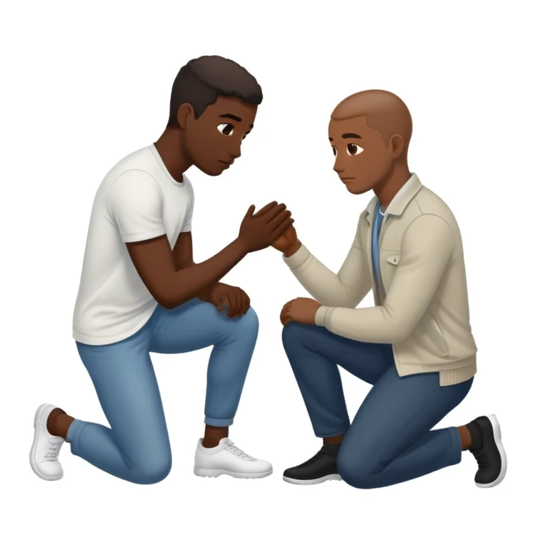 Black man kneeling down in front of white man, respectful gesture emoji
