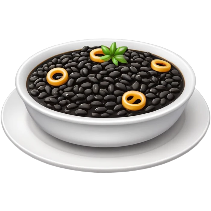 cinematic-realistic-black-risotto-dish-emoji,-showcasing-small ring pieces in black sauce -rendered-with-bold-textures-and-dynamic,-dramatic-lighting in a white plate emoji
