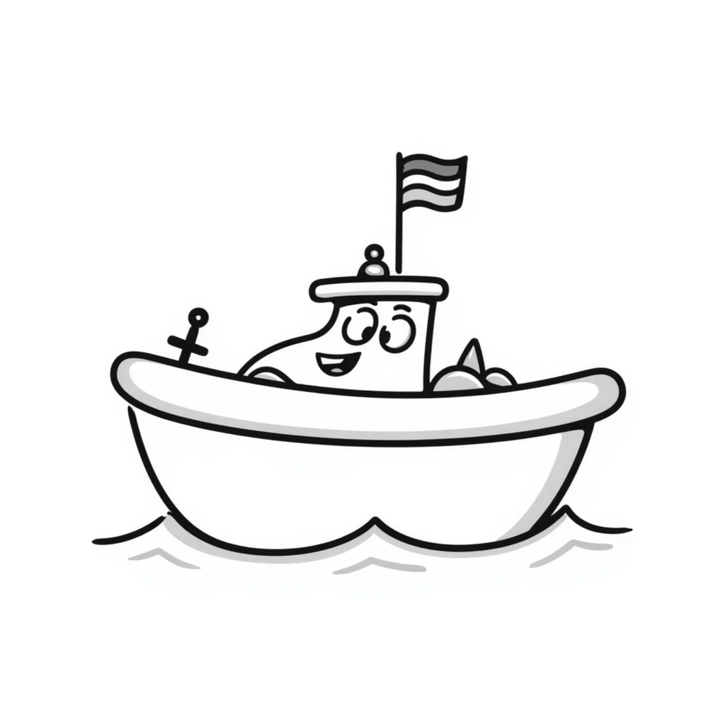 A hand-drawn bath toy boat with a silly grinning face and little flag emoji