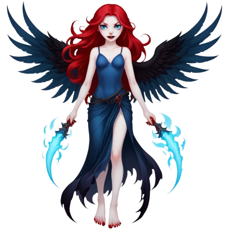 full body portrait of an extremely diabolical girl with pale white skin, massive towering wings, very long flowing blood red hair, glowing blue eyes, evil grin, no accessories, with swirling red and black smog/smoke at the bottom of her feet emoji
