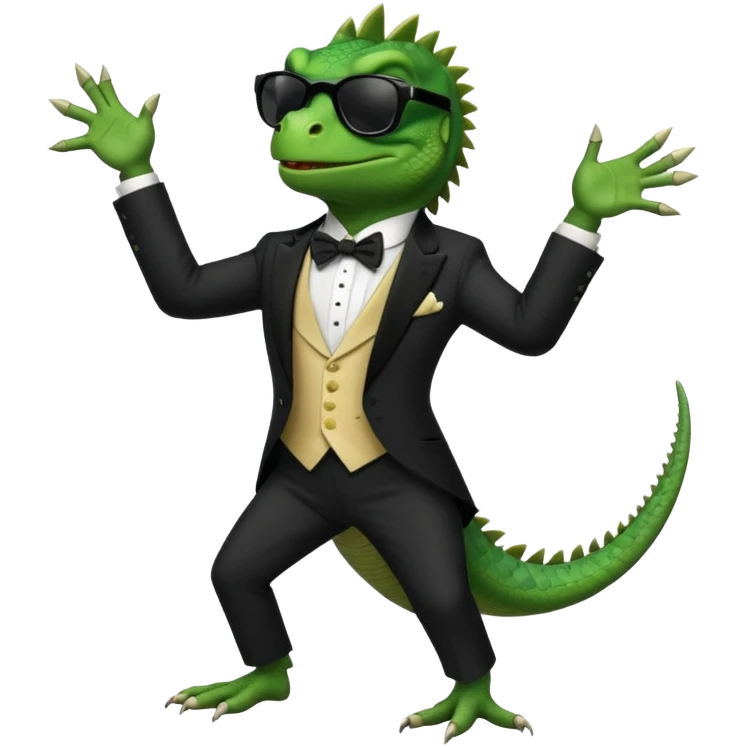 capitalist iguana banker in tuxedo and black sunglasses dancing emoji