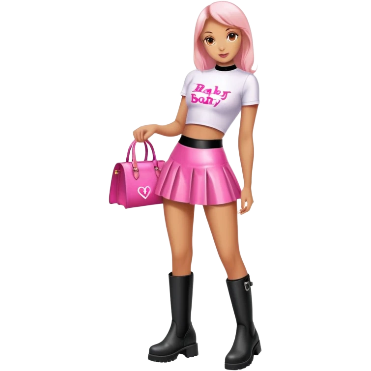 Mini latex skirt and boots and short top with pink inscription “Baby  🕳️” emoji