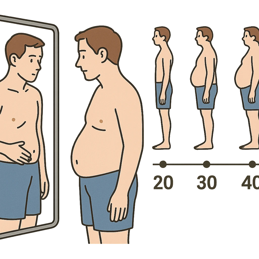 educational style illustration of a man looking at his abdomen in the mirror, with a timeline showing body changes from age 20 to 40, 4K emoji