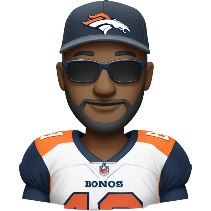 Bald black guy dark grey long beard wearing Denver broncos cap and Jersey and sunglasses  emoji