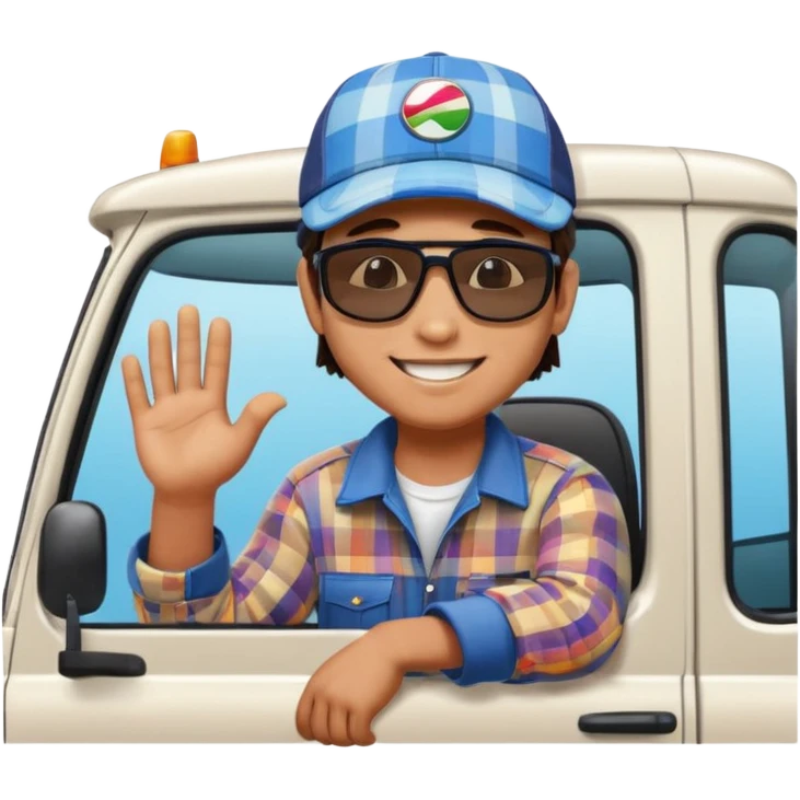 Cute emoji style illustration of a Peruvian truck driver, smiling young “chofercito carretero”, wearing baseball cap, sunglasses, plaid shirt, leaning out of a Hino 500 truck window, vibrant colors, bold outlines, glossy 3D emoji style, sticker design, transparent background emoji