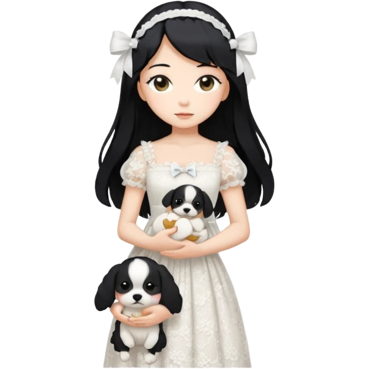 Pastel anime lady long hair with long lace dress full body holding puppy emoji