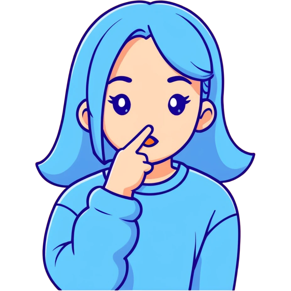 girl wearing pastel blue clothes with finger on lips making a quiet shh gesture emoji