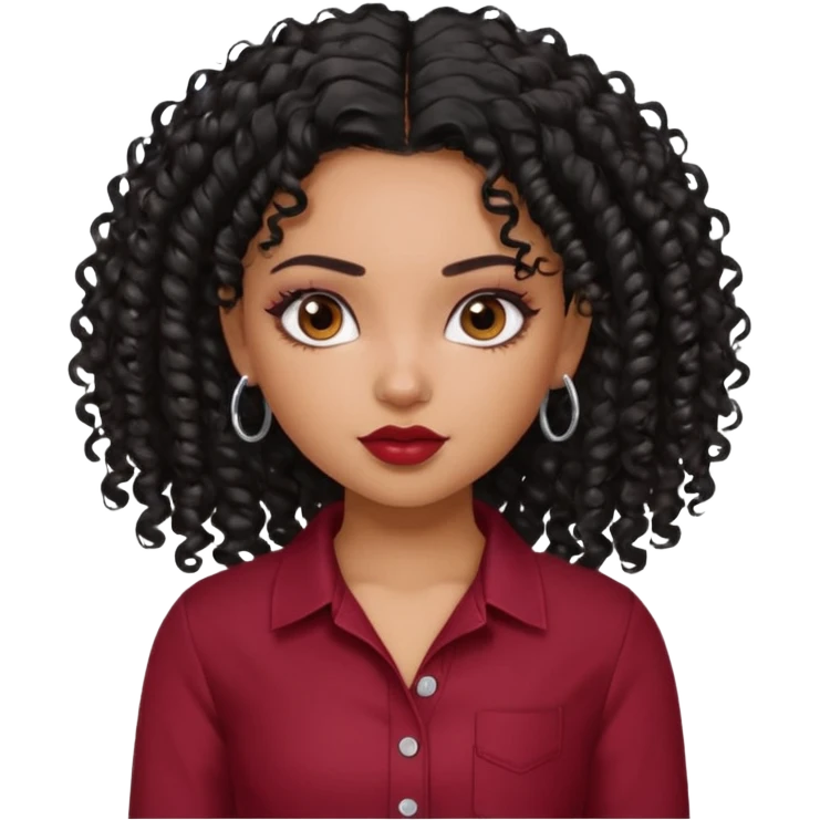 a pretty bratz dusky girl with curly black hair, kajal under eyes, small silver hoop. dark red full sleeve emoji