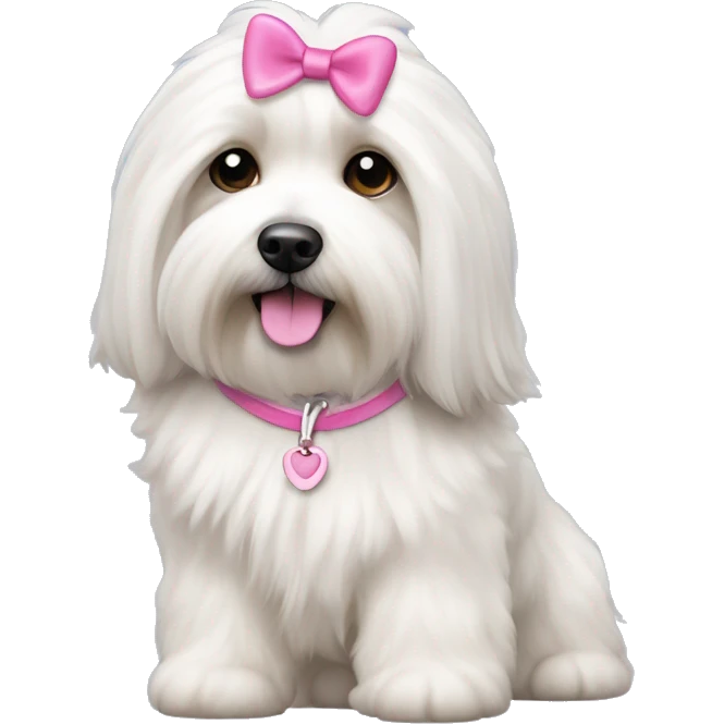 Long haired Coton de Tulear dog with pink harness and pink hair clip emoji