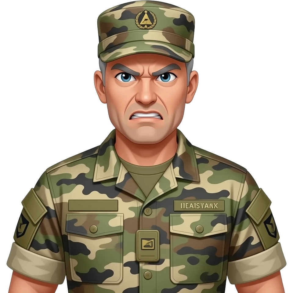 white sergeant character with gray hair. Wearing an urban camouflage uniform and hat, army shirt. The character should have an angry intense expression. full torso and arms emoji