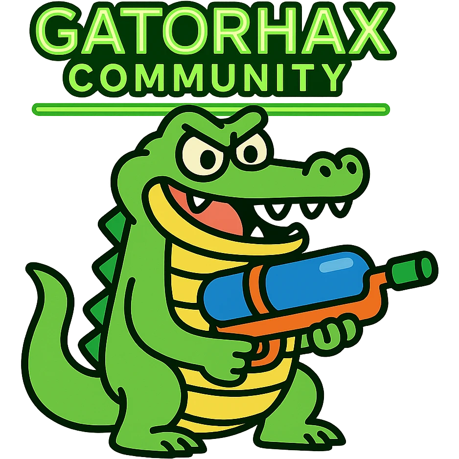 Add watermark text 'Gatorhax Community' in the center top. The text should look like a neon green title with a glowing effect and a neon green line stroke, bold and eye-catching. emoji