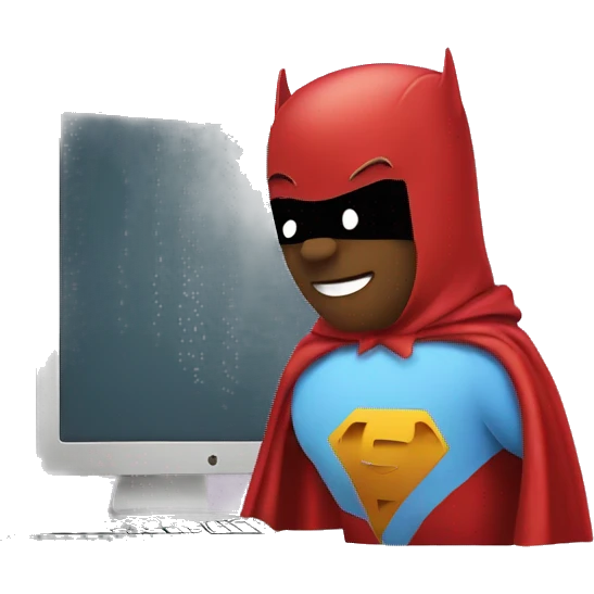 computer screen wearing a superhero cape emoji