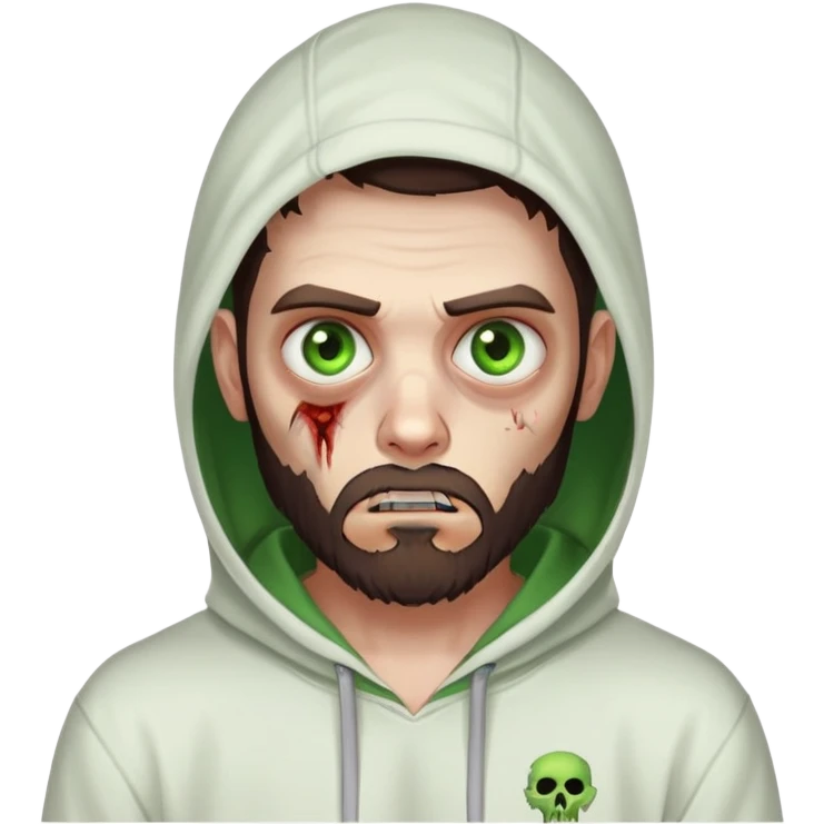 zombie pointing finger, undercut hairstyle with dark brown hair, short full beard, heterochromia with one green eye and one brown eye, wearing plain white hoodie emoji