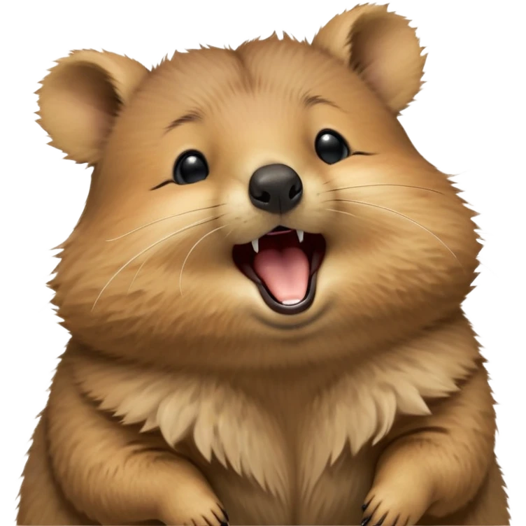 cinematic-realistic  yawning quokka-emoji,-small-round-frame, head tilted in an endearing manner, wouth wide open yawning, sleepy comical smile, round cheeks, giant-fluffy-cheeks-large-smile-fluffy-brown-fur-radiating-a-warm-softness,-big-round-eyes-filled-with-joy, realistic round  fluffy zoomed in, large black eyes one paw raised in the air emoji