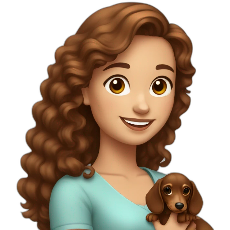 Young lady long curly brown hair smiling and brown eyes with long eyelashes and holding a dachshund  in her arms emoji