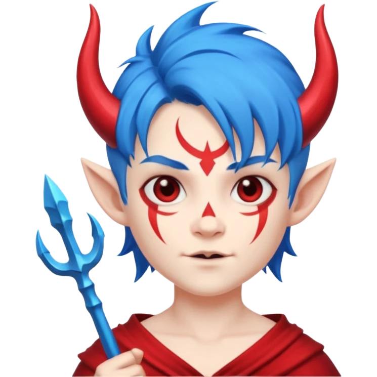Blue-haired devil with trident, cute face, half body emoji