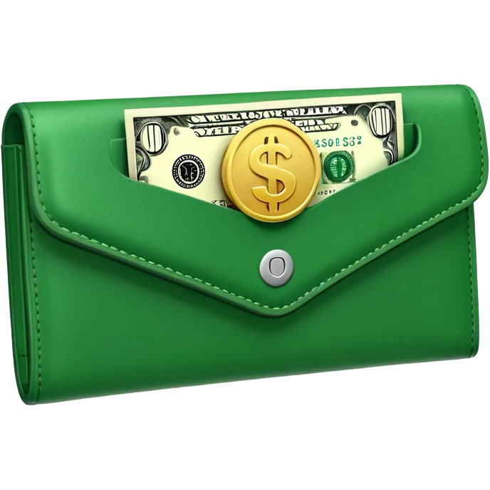 Rich emoji style green leather wallet with dollar bills, luxury money vibe, premium 3D emoji, ultra clean, high detail, no background emoji