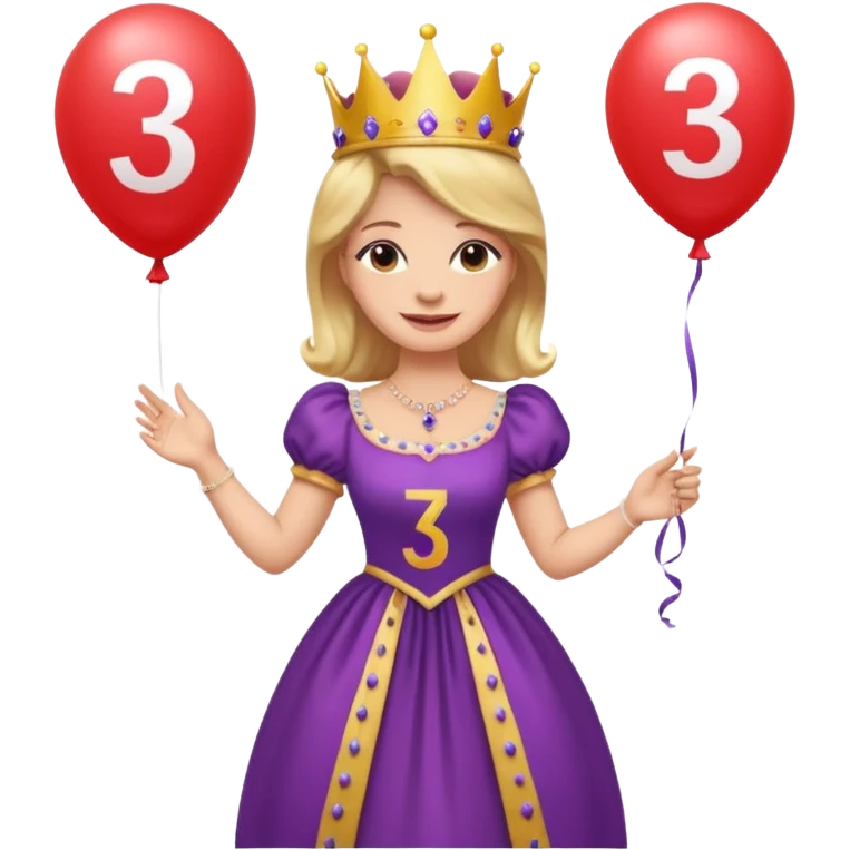 queen wearing dress, holding balloon in shape of number 3 emoji