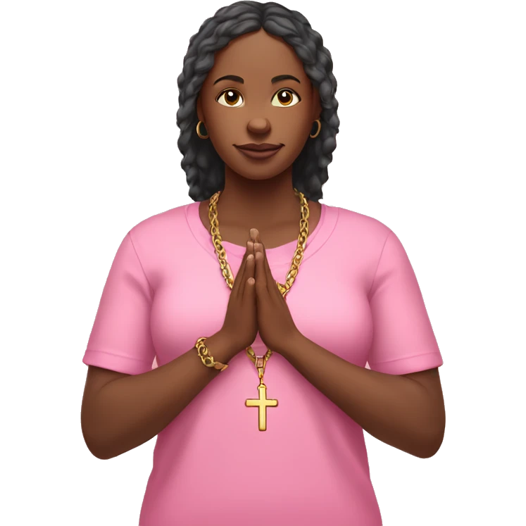 Black woman pink shirt praying with cross necklace in hands emoji