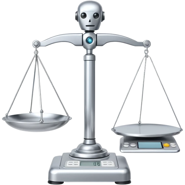 balance scale with one side a robot head representing Hybrid AI and the other side a document or code symbol representing Scripted, clear and simple, no text emoji