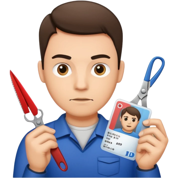 Scissors cutting man ID card in 2 parts. Realistic emoji