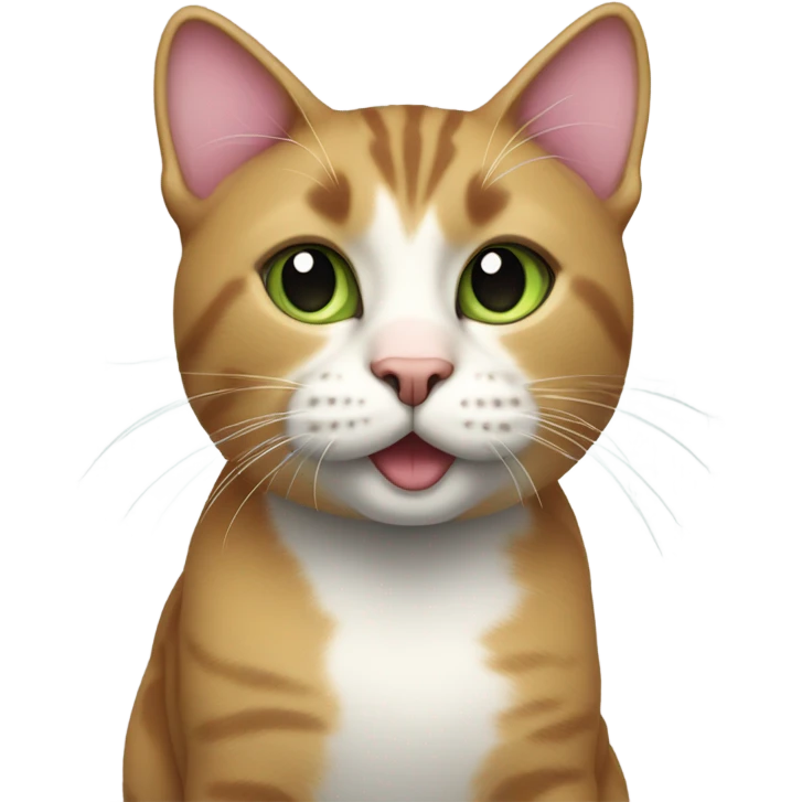 3 color cat, pink nose, black spot, short hair, light brown spot on beard, light green eyes emoji