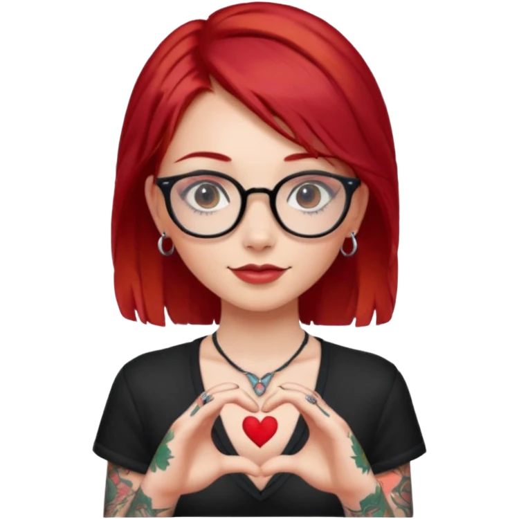 Beautiful girl, with glasses, red hair, tall, slim, with tattoos and small piercing, showing heart with hands emoji