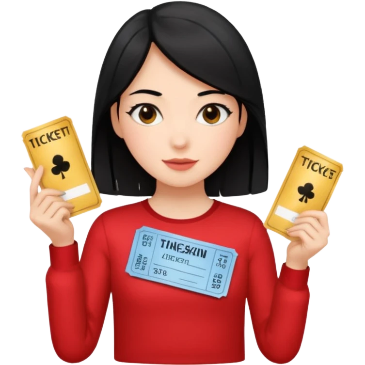 A girl with a bunch of black hair, wearing a red long-sleeved shirt and holding theater tickets emoji