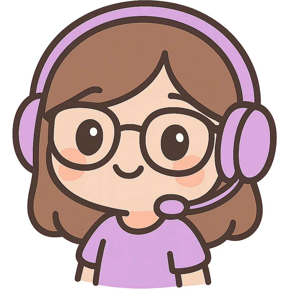 chibi style female brunette with glasses and a purple gaming headset, happy facial expression emoji