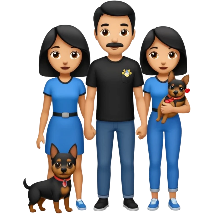 Pareja hombre y mujer, pelo negro ambos, y con dos perritos pincher en sus brazos emoji