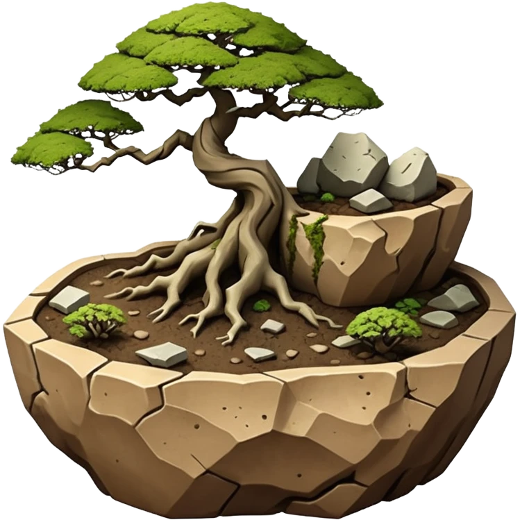 Aged Roots Stoneware akadama moss on soil irregular angular Stone Age rocks cracked crags and broken rough edges forming a very shallow Yixing bonsai pot sans(without) tree  emoji