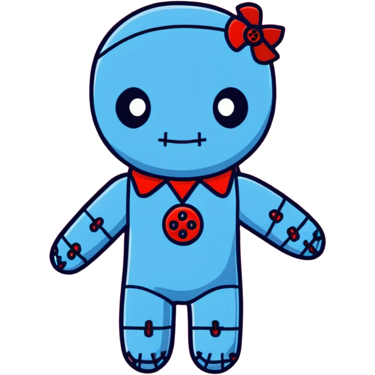 A Carolina blue voodoo doll with red stitching and buttons for eyes, with several pins stuck in it emoji