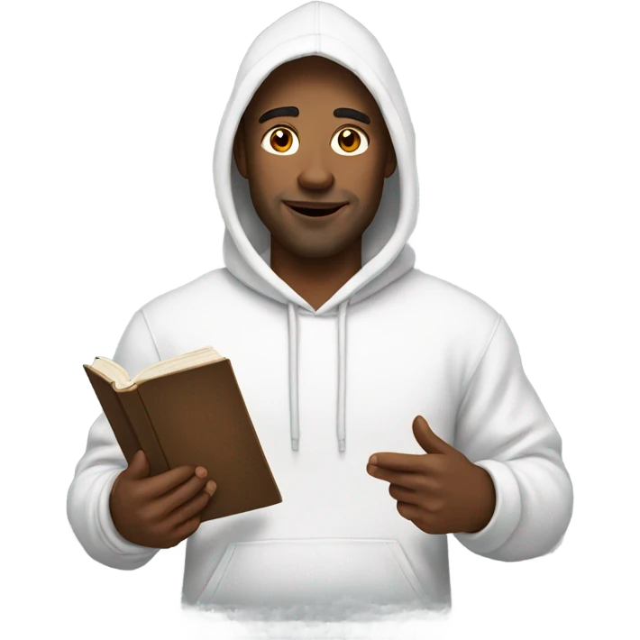 Man wearing white hoodie with book  emoji