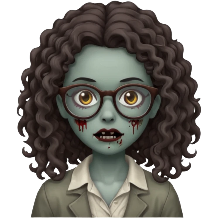 make a zombie girl with grey skin and long dark brown curly hair and glasses emoji