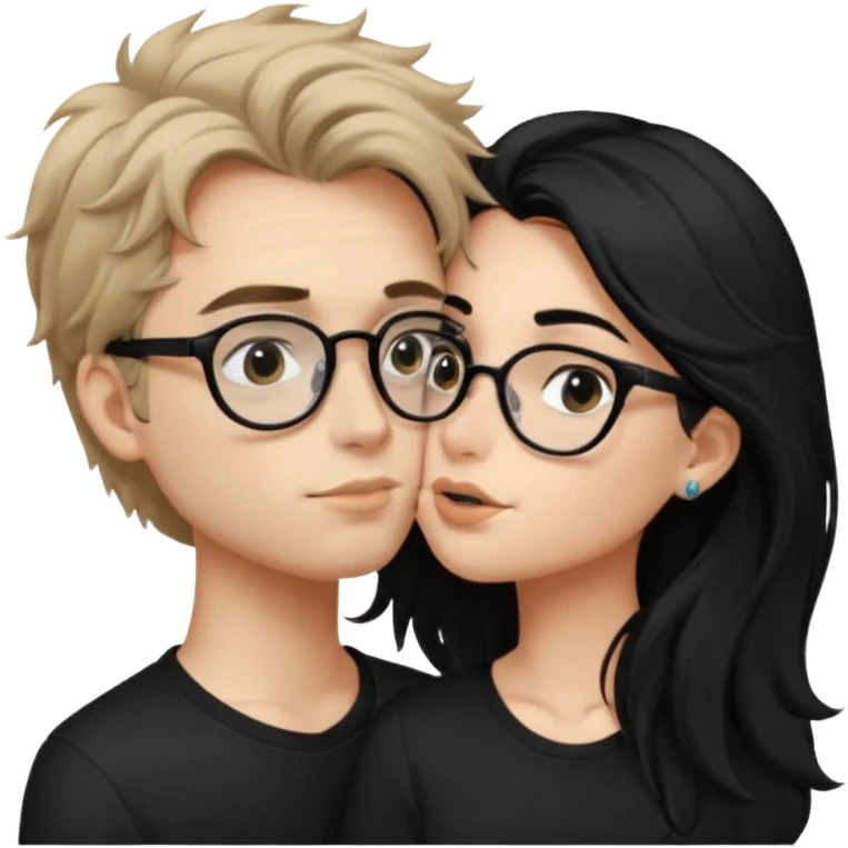 Un garçon avec les cheveux brin très clair ébouriffés, qui embrasse une fille avec les cheveux noir long et lisse , qui a des traits d’eye-liner et des lunettes noir avec un piercing au nez emoji