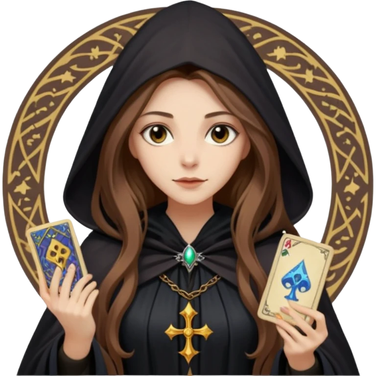 dark witch girl with long light brown hair and Tarot cards emoji
