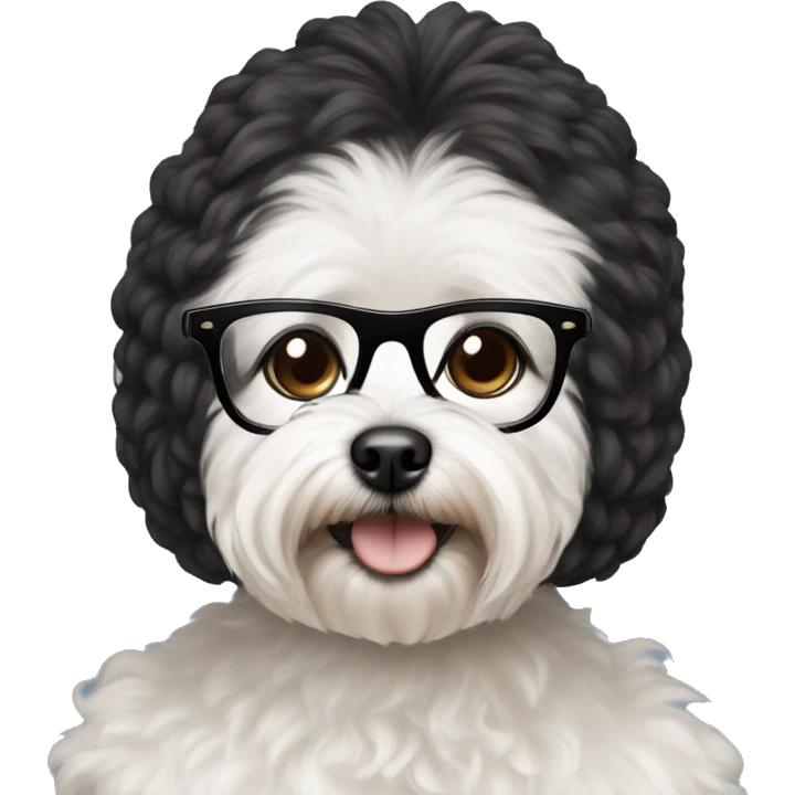 Indian woman with black glasses holding small white MaltiPoo dog emoji