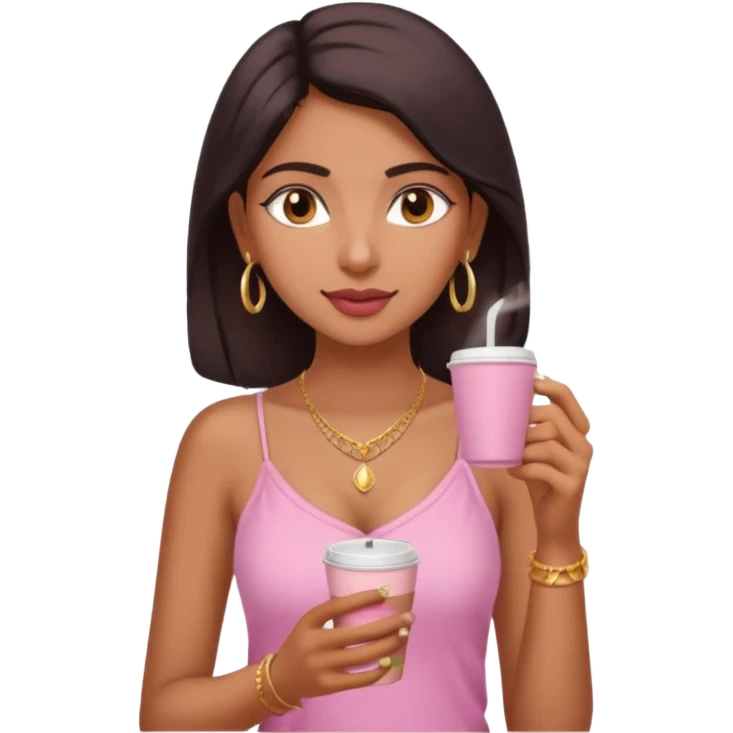 a pretty fair indian bratz girl with a pink cami top, drinking takeaway coffee, golden dainty necklace emoji