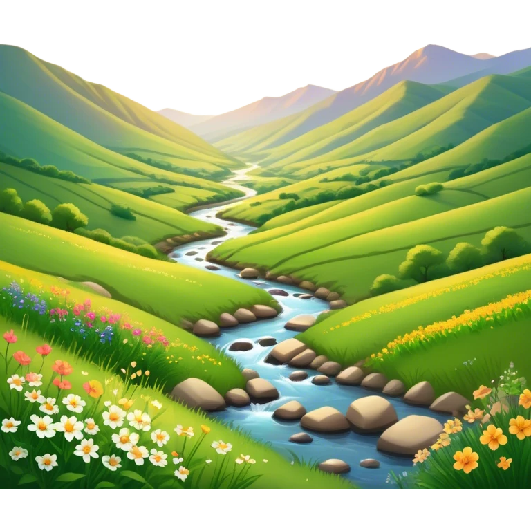 Cinematic Realistic Valley Emoji, Lush and serene, with gently sloping hills surrounding a vibrant green valley filled with wildflowers and a small stream. The soft, golden sunlight filters through the valley, casting peaceful, warm shadows across the landscape. Soft glowing outline, capturing the essence of natural peace and gentle beauty in a sprawling valley. emoji